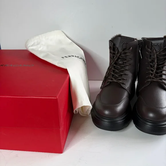 Ferragamo Men's Brown Leather CORALLO Boots With Fur Lining 8.5 NIB - Picture 3 of 8
